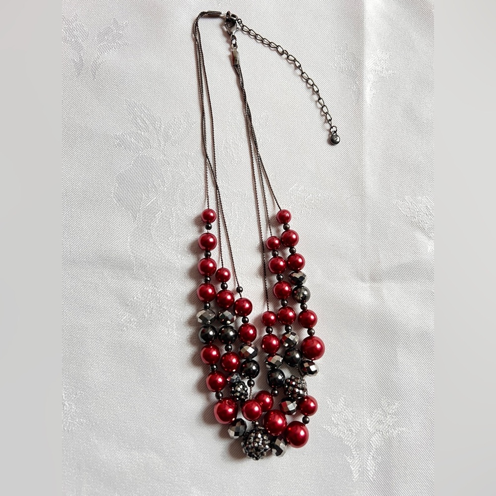 RMN Vintage multi-strand necklace burgundy and black beads wz rhinestones